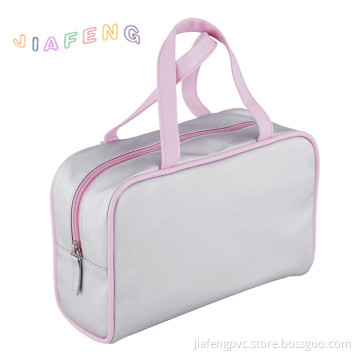 Silver Satin Hand Bag With Pink Piping and Handle